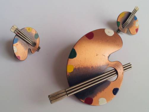 Rebajes vintage copper paint palette pin & earrings, 1940`s American